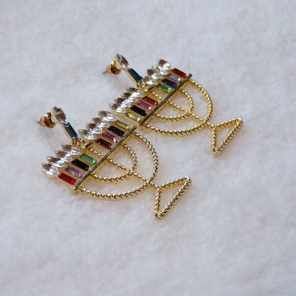 Hanukkah Gold Menorah Multicolor Rhinestone Earrings - Picture 4 of 6